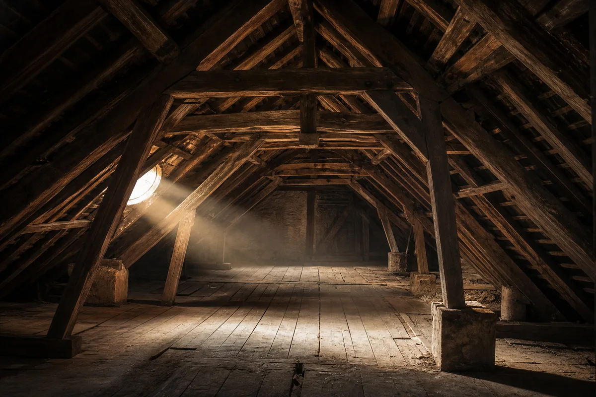 Charpente ancienne en chêne dans les combles d’un immeuble du centre de Dijon