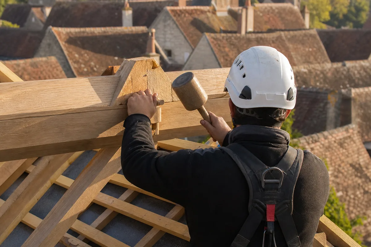 Charpentier ajustant une pièce de chêne sur un chantier de toiture en Bourgogne
