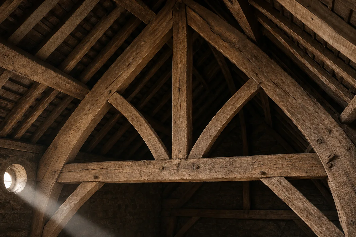 Ferme de charpente traditionnelle en chêne dans un comble dijonnais