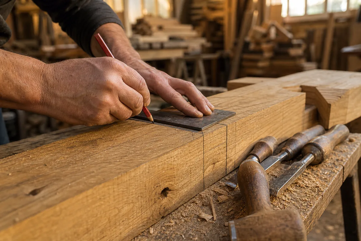 Mains d’un charpentier traçant un assemblage sur une poutre de chêne en atelier