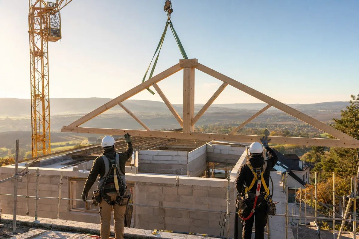 Levage d’une ferme en bois sur un chantier de construction près de Dijon
