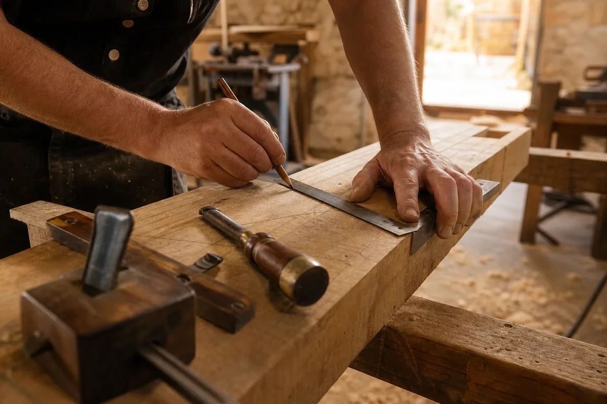Charpentier traçant une pièce de chêne dans un atelier de Côte-d’Or