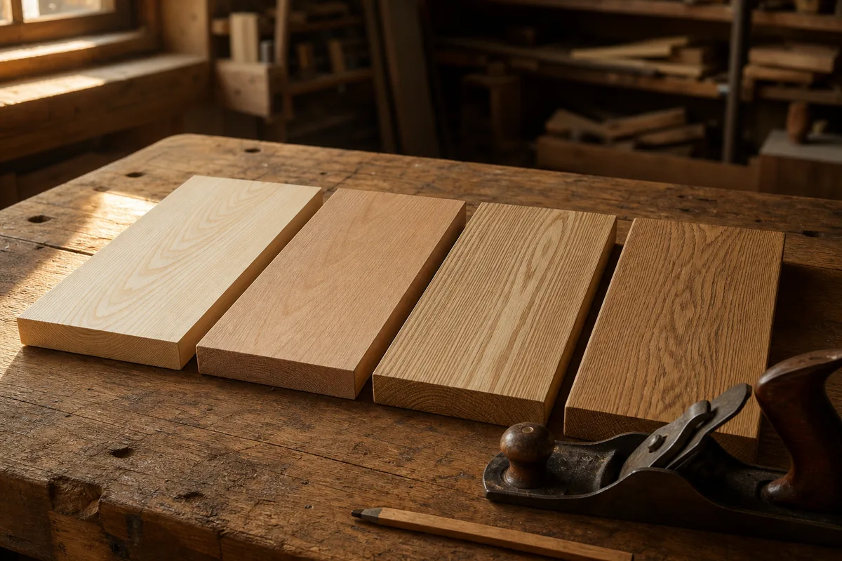 Marches et limon en bois massif montrant le veinage de plusieurs essences en atelier