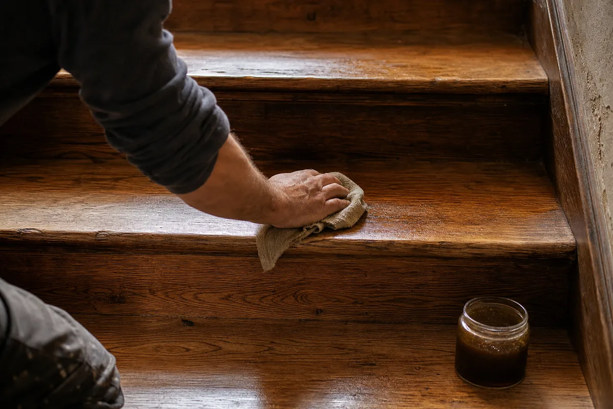 Application d&rsquo;une huile de protection sur des marches en chêne dans une lumière chaude