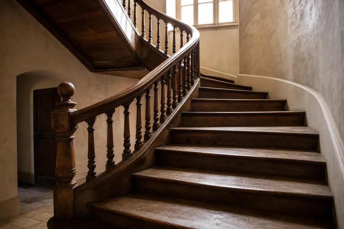 Escalier ancien en chêne massif dans une maison de ville de Dijon