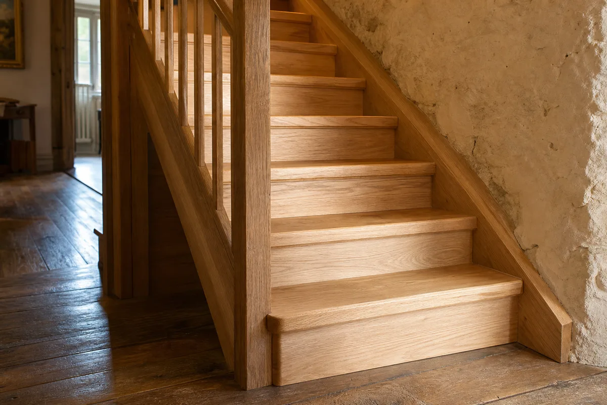Escalier en chêne massif fabriqué sur mesure dans une maison ancienne de Dijon