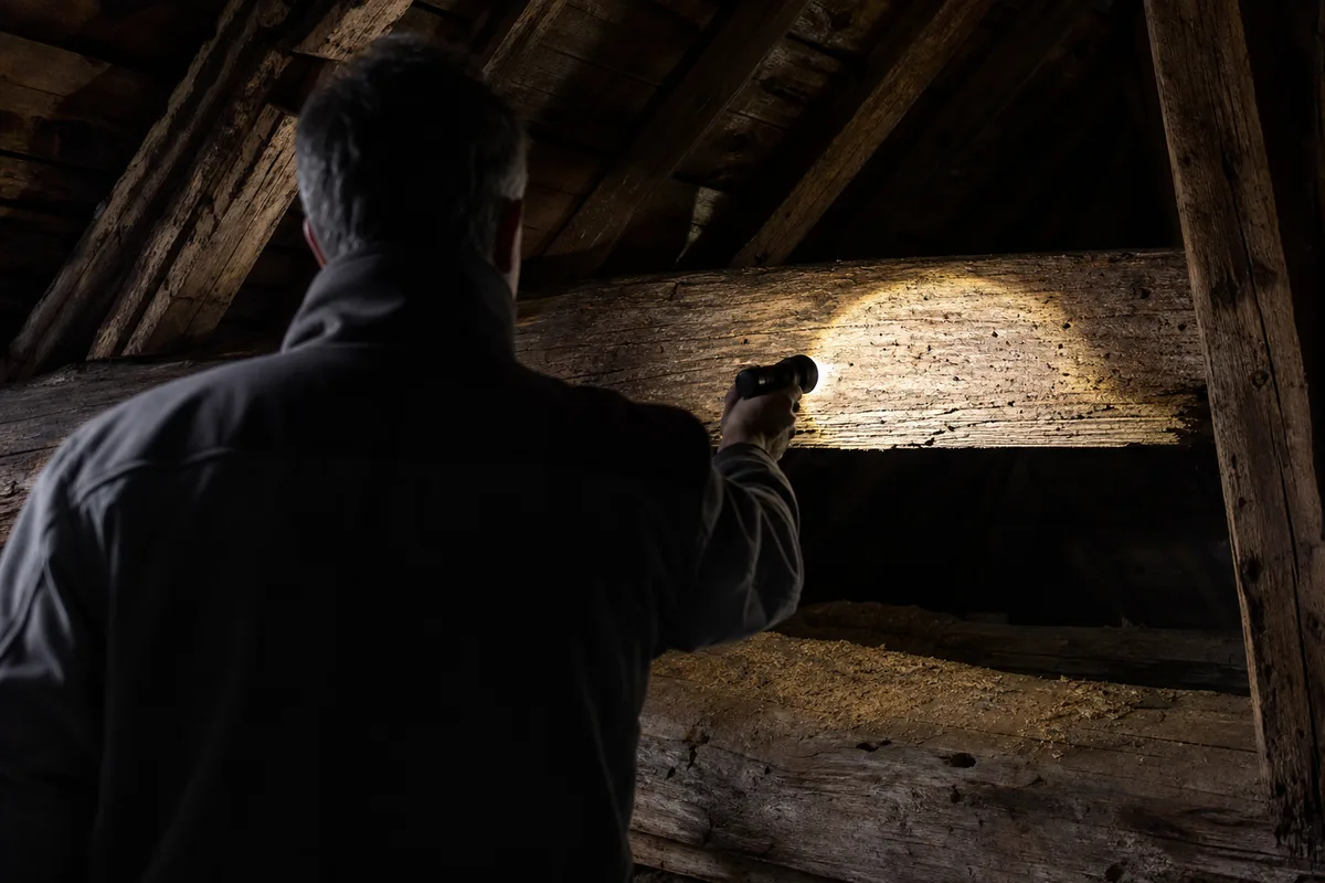 Inspection d&rsquo;une charpente ancienne à la lampe torche dans un comble