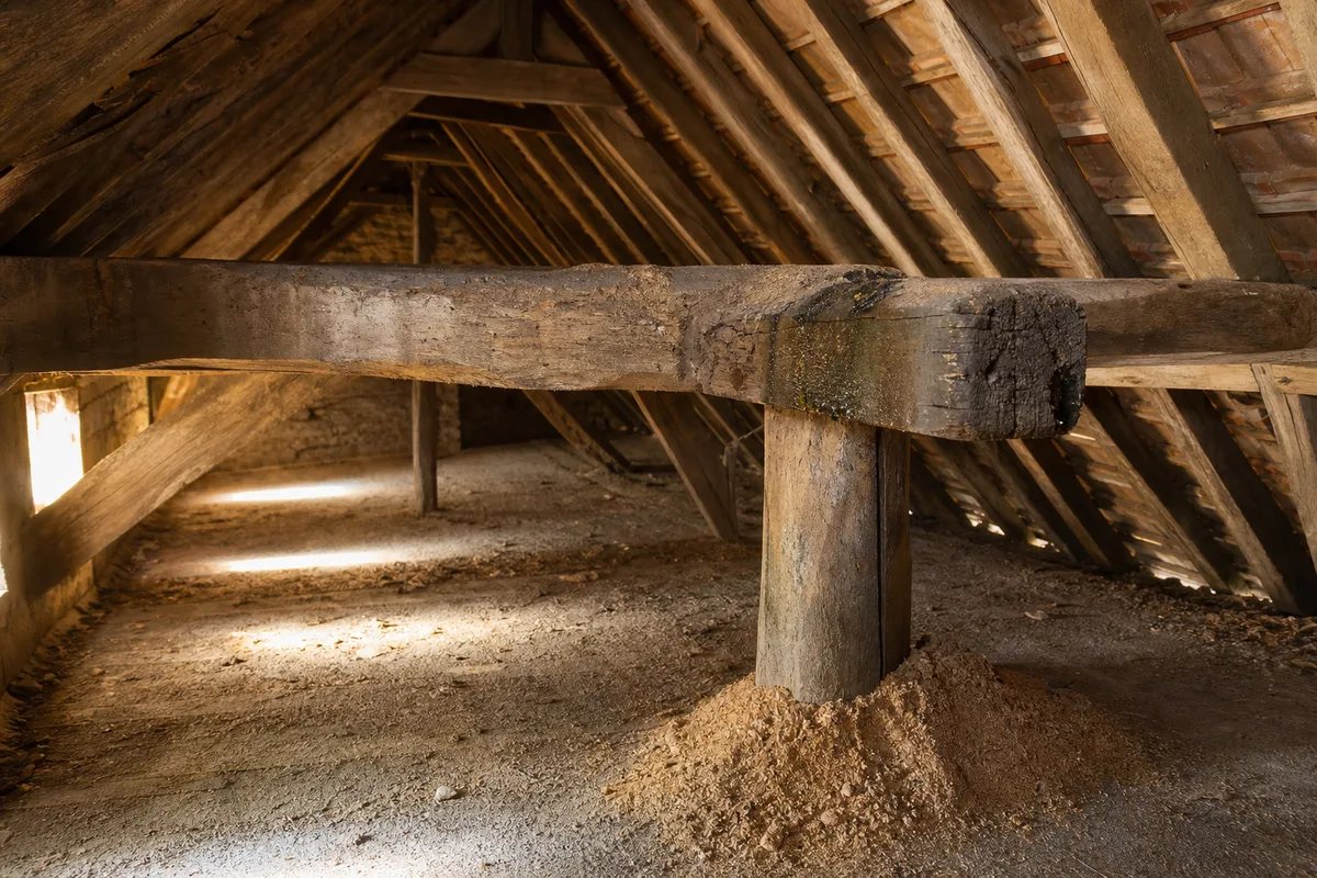 Combles anciens d’une maison bourguignonne avec fermes en chêne marquées par le temps