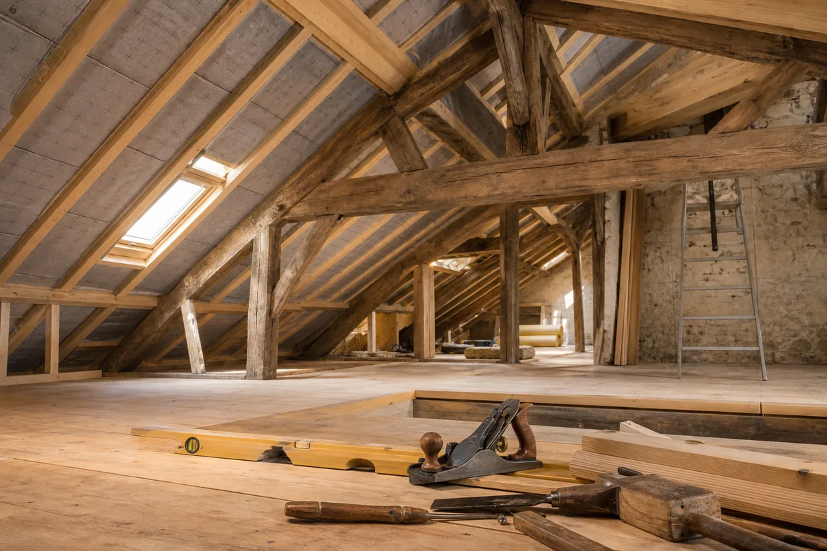 Combles en cours d’aménagement sous une charpente rénovée près de Dijon