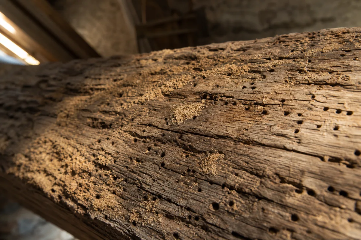 Détail d’une ferme de charpente en chêne ancien marquée de trous d’envol dans un comble dijonnais