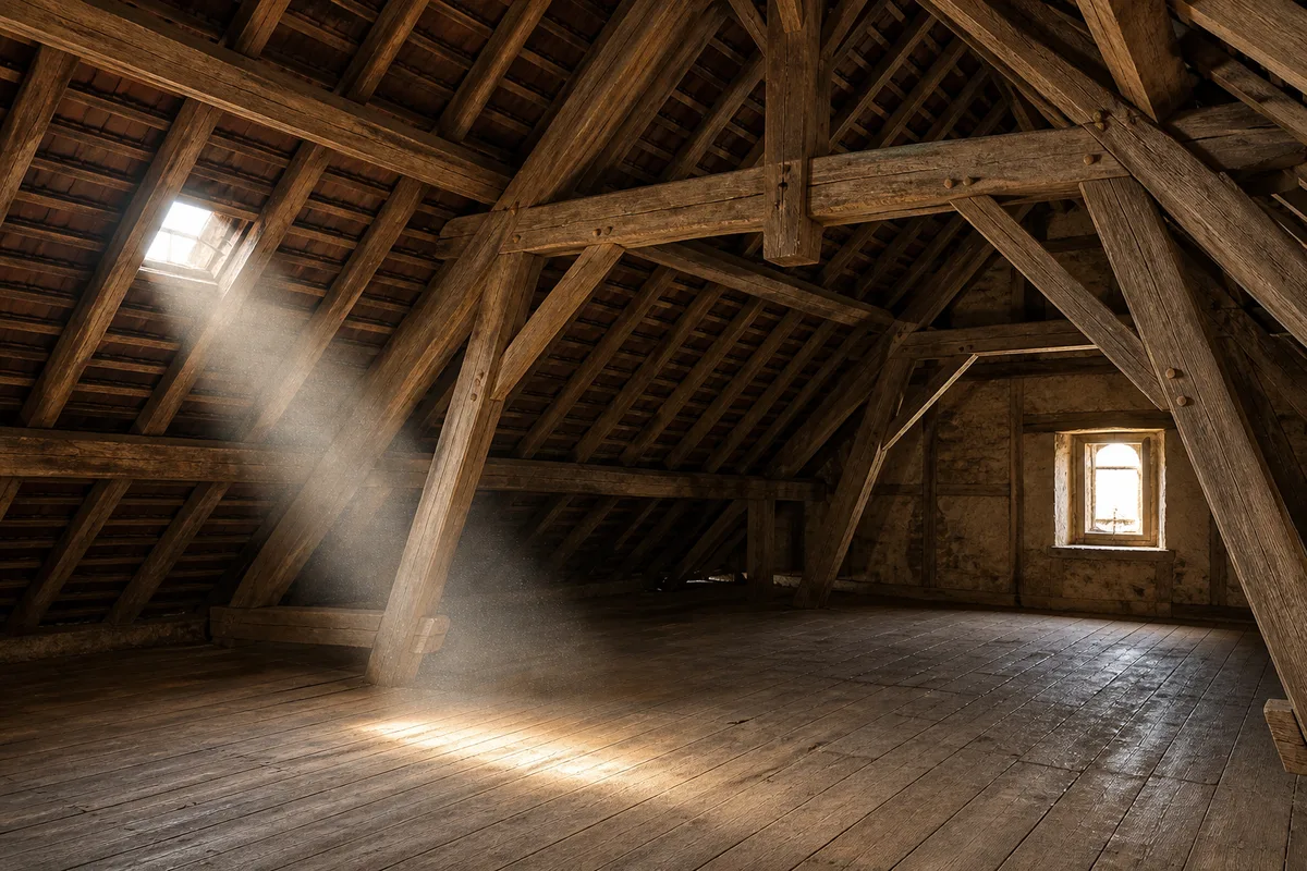 Comble ventilé aux bois de chêne apparents baigné d’une lumière ambrée sous un toit bourguignon
